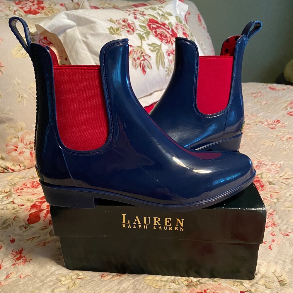 NIB, Ralph Lauren Tally Rain Boots, 7, Navy/red